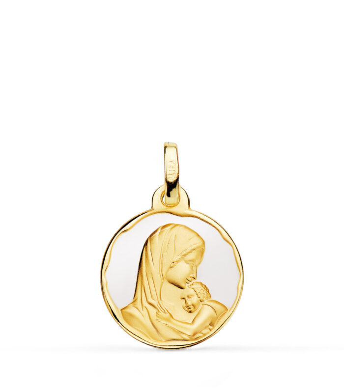 Medalla Virgen Madre en oro de 18 kt y esmalte
